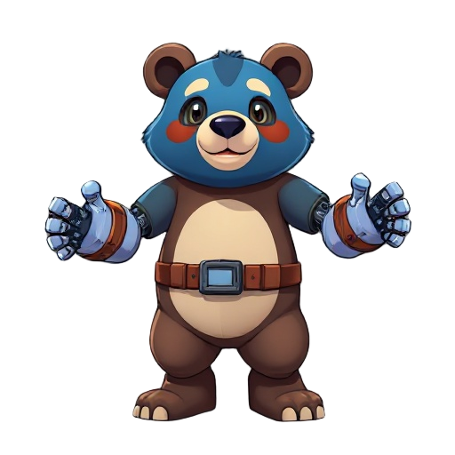 a blue and brown bear with robot hands. wearing a belt.