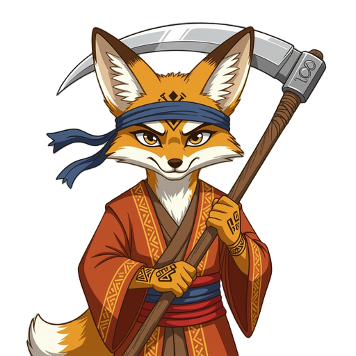 anthropomorphic fennec fox in a tribal moroccan thobe, blindfolded, with matching forehead and hand tattoos, holding a giant scythe. stylized, cel-shaded, warm tones, minimal background.