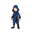 minimalistic picture of a rogue like character in a blue outfit with no face but not detailed walking