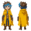 character with a yellow cloak, blue/brown hair, blue eyes, no mouth. apocalypse theme.