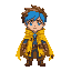 32x 32 size . character with a yellow cloak, blue/brown hair, blue eyes, no mouth. apocalypse theme.