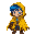 character with a yellow cloak, blue/brown hair, blue eyes, no mouth. apocalypse theme.