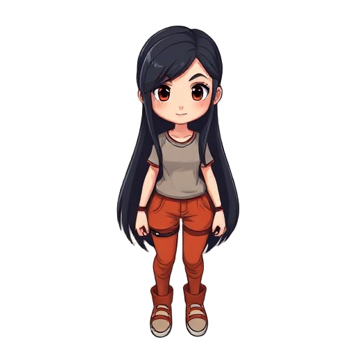 quero que faça uma protagonista top down, uma menina de cabelo preto longo e com roupas roxas
