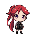 chibi-style very stylized character with ponytail red hair and purple eyes
