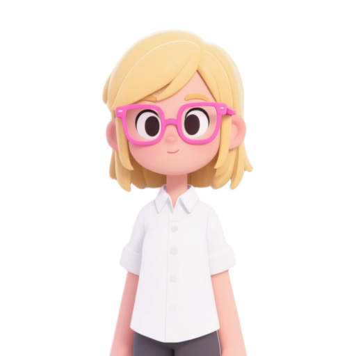 girl with blonde hair and pink glasses, wearing a white shirt