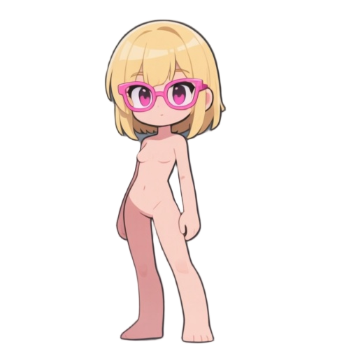 girl with blonde hair and pink glasses, shirtless, anime style
