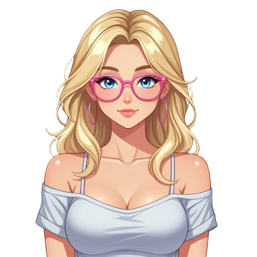 girl with blonde hair and pink glasses, 20 years old, shirtless, anime style