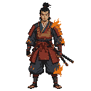 a full-body portrait of a japanese samurai, standing from head to toe, wearing traditional but scorched and partially burned samurai garments. his clothes show signs of fire damage—burnt edges, smoke 