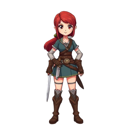 female adventurer with red hair, and wearing a scimitar on hips.