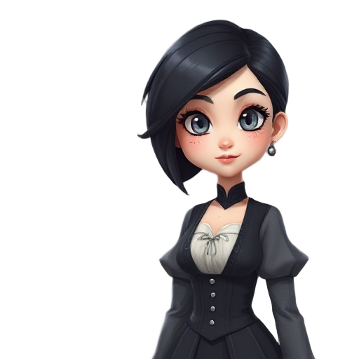full body female with pale skin, grey/silver eyes and black hair and a beauty mark. with 1860 to 1910 style of clothing