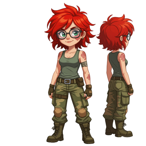 girl with red messy hair, glasses , and a patch on her face , tank top , army boots , cargo pants 