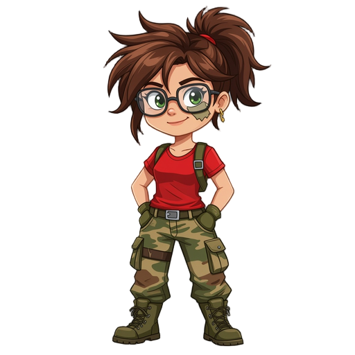 girl with red shirt messy hair, glasses , and a patch on her face , tank top , army boots , cargo pants 