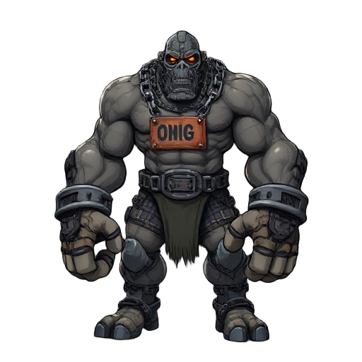 massive half-giant with chained limbs, iron mask, and giant blunt fists labeled "big one." no hands, muscular build, covered in shackles. worn “don’t resist” sign, industrial brute vibe.
