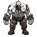 massive half-giant with caucasian white skin, rusted iron mask with top spike, chained limbs, no hands—just blunt steel fists marked "big one." scarred, shackled, monochrome, industrial brute.