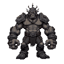 massive half-giant with chained limbs, spiked iron mask, no hands, fists replaced by blunt iron balls labeled "big one." muscular, shackled, scarred chest, bolts on armor, industrial juggernaut.