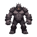 massive half-giant with chained limbs, spiked iron mask, no hands, fists replaced by blunt iron blocks labeled "big one." muscular, shackled, scarred chest, bolts on armor, industrial juggernaut.