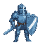 a retro knight character with a sizable shield; theme colors of blue and white.