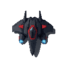 a sleek, futuristic spaceship with angular wings, dark gray and black body, red accents, glowing blue thrusters, and a tinted cockpit.