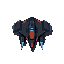 a sleek, futuristic top-down 2d pixel art spaceship with angular wings, dark gray and black body, red accents, glowing blue thrusters, and a tinted cockpit. transparent background for game use.