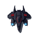 a sleek, futuristic top-down 2d pixel art spaceship with angular wings, dark gray and black body, red accents, glowing blue thrusters, and a tinted cockpit. transparent background for game use.