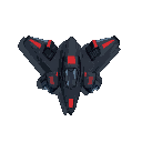 a sleek, futuristic spaceship with angular wings, dark gray and black body, red accents, glowing blue thrusters, and a tinted cockpit.