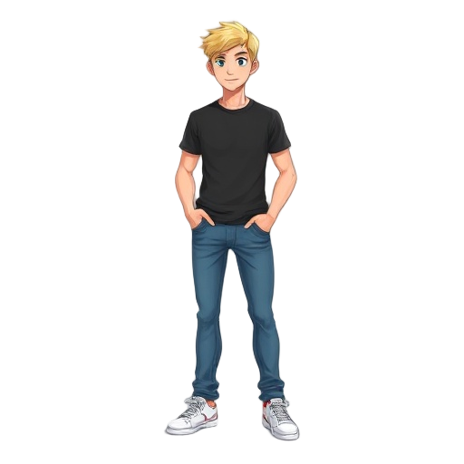 blonde male in blue jeans, black t-shirt, with white shoes.
