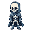stylized cute cartoon white skeletton with visible ripcage and bones wearing blue gray knight armor
