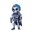 stylized cute cartoon white skeletton with visible ripcage and bones wearing blue gray knight armor