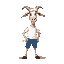 a goat wearing a white t-shirt and blue pants, in a neutral and relaxed position