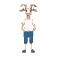 a goat wearing a white t-shirt and blue pants, in a neutral and relaxed position