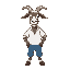 a goat with white shirt and blue pants