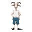 a goat wearing a white t-shirt and blue pants, in a neutral and relaxed position