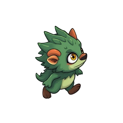 main charater like tiny cute forest monster humanoid who look at right , who walk