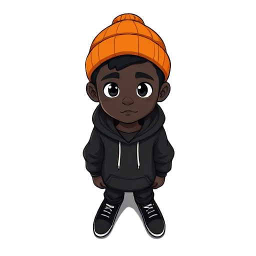 black guy with a orange beanie and black hoodie 