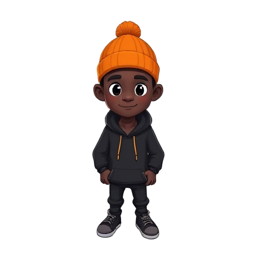 black guy with a orange beanie and black hoodie 