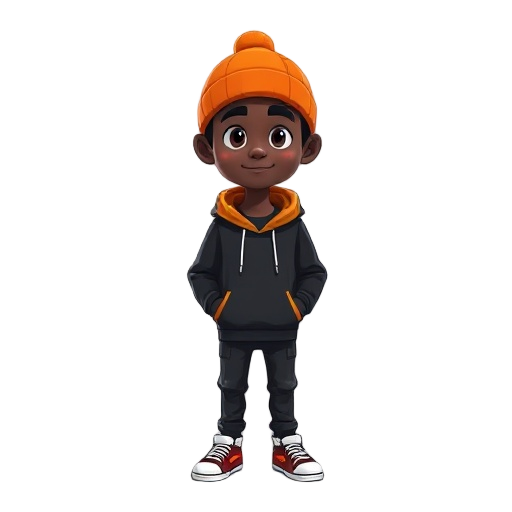 black guy with a orange beanie and black hoodie 