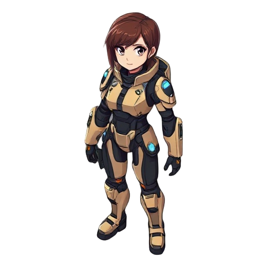 prompt: female sci-fi soldier, beige and black armor with blue lights, short brown hair, confident look, anime/cel-shaded style, full body, futuristic design, neutral gray background, detailed and consistent