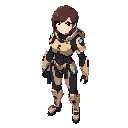 female sci-fi soldier, beige and black armor with blue lights, short brown hair, confident look, anime/cel-shaded style, full body, futuristic design, neutral gray background, detailed and consistent