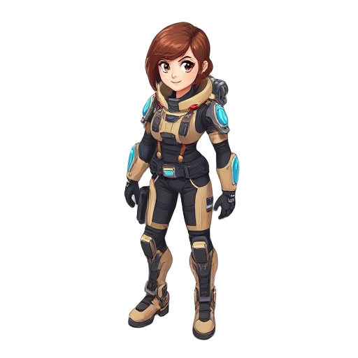  female sci-fi explorer in beige and black lightweight armor with blue lights, short brown hair, confident look,  high-tech boots, full body, clean 2d concept art style, neutral background.