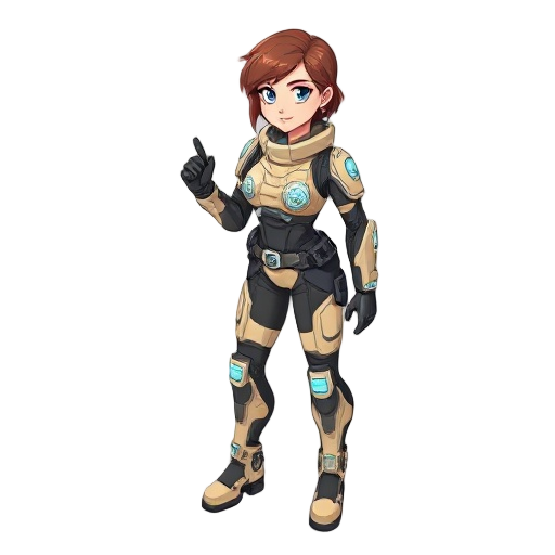female sci-fi explorer with beige and black light armor with blue highlights, short brown hair, confident appearance, high-tech boots, full body, clean 2d concept art style, neutral background.