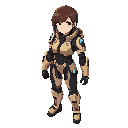 prompt: female sci-fi soldier, beige and black armor with blue lights, short brown hair, confident look, anime/cel-shaded style, full body, futuristic design, neutral gray background, detailed and consistent