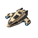 futuristic sci-fi spaceship, medium-sized explorer vessel, sleek aerodynamic design with beige and black panels, blue glowing engines, metallic surface, detailed 2d concept art, neutral or space background, clean lighting, front 3/4 view.