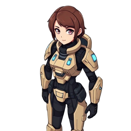 female sci-fi soldier, beige and black armor with blue lights, short brown hair, confident look, anime/cel-shaded style, full body, futuristic design, neutral gray background, detailed and consistent