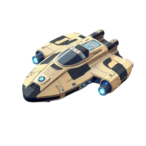 futuristic sci-fi spaceship, medium-sized explorer vessel, sleek aerodynamic design with beige and black panels, blue glowing engines, metallic surface, detailed 2d concept art, neutral or space background, clean lighting, front 3/4 view.