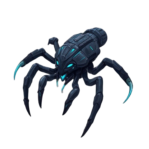 alien arachnid creature, hostile enemy, biomechanical design with dark chitin armor and glowing blue veins, sharp legs and claws, menacing stance, detailed 2d concept art, futuristic sci-fi style, neutral background, full body.