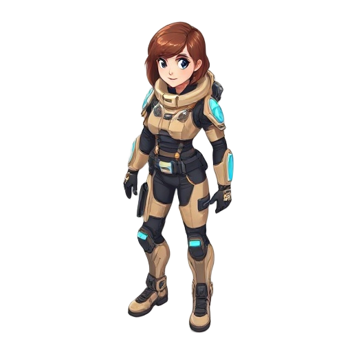  female sci-fi explorer in beige and black lightweight armor with blue lights, short brown hair, high-tech boots, full body, clean 2d concept art style, neutral background.