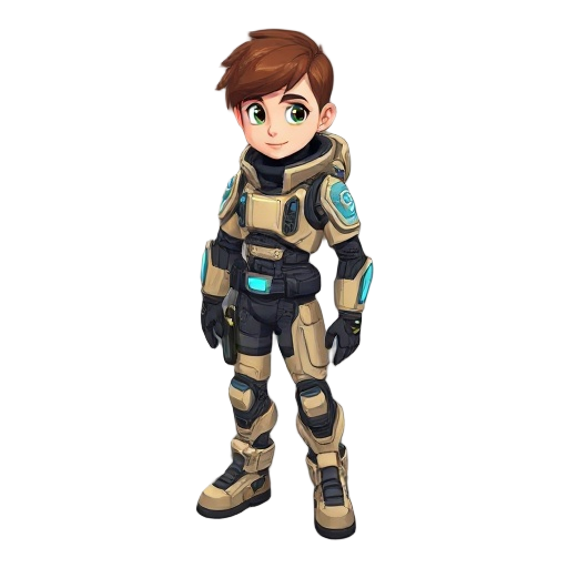 sci-fi explorer with beige and black light armor with blue highlights, short brown hair, confident appearance, high-tech boots, full body, clean 2d concept art style, neutral background.