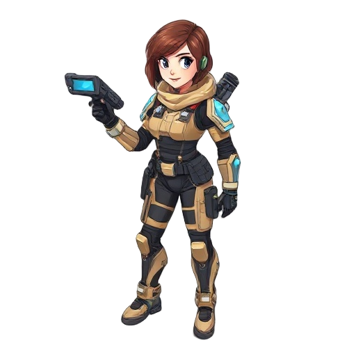 female sci-fi explorer in beige and black lightweight armor with blue lights, short brown hair, confident look, arm-mounted visor tablet, plasma weapon, high-tech boots, full body, clean 2d concept art style, neutral background.