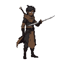 full body black nomad, spy, swordman, shealthed sword, rpg fantasy, black hair, facing east (right)