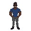 muscle body guy, dark skin, sunglasses, blue shirt, grey pants and black shoes 